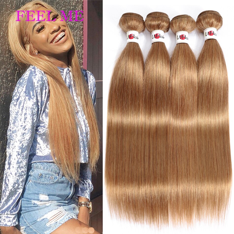 FEEL ME Peruvian Straight Hair Bundles Pre-Colored Human Hair Weave 3/4 Bundles Deal  #27 Honey Blonde Hair Extensions Remy Hair