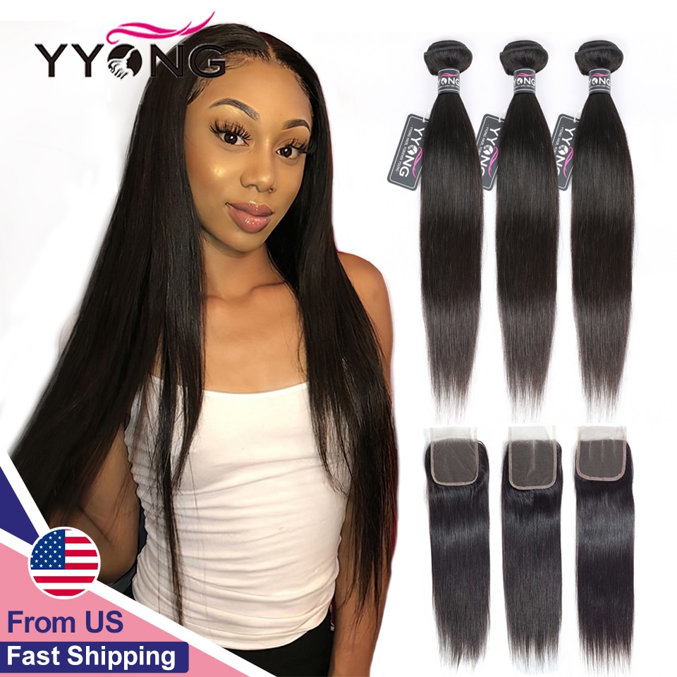 Yyong Transparent Peruvian Straight Hair 3 / 4 Bundles With Closure 100% Remy Weaves Human Hair Extension With 4*4 Lace Closures