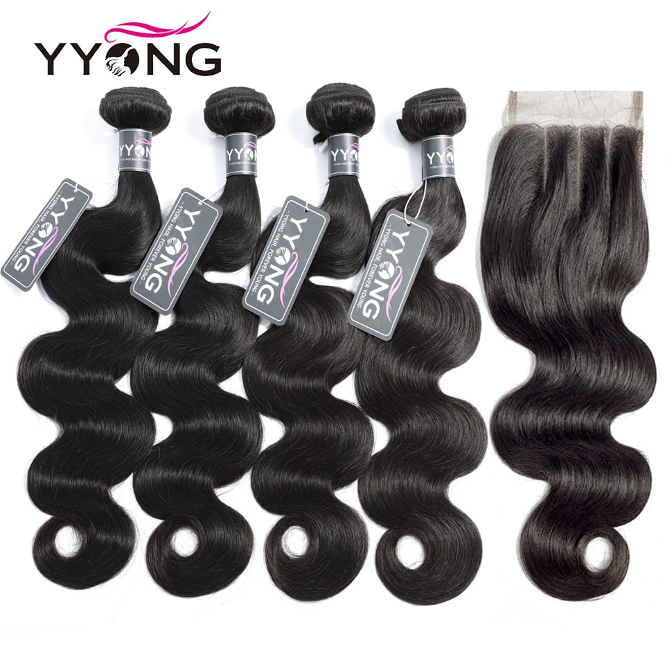 Yyong 3/ 4 Body Wave Bundles With Closure Brazilian Hair Weave Bundles With Lace Closure 4x4 Remy Human Hair Bundle With Closure