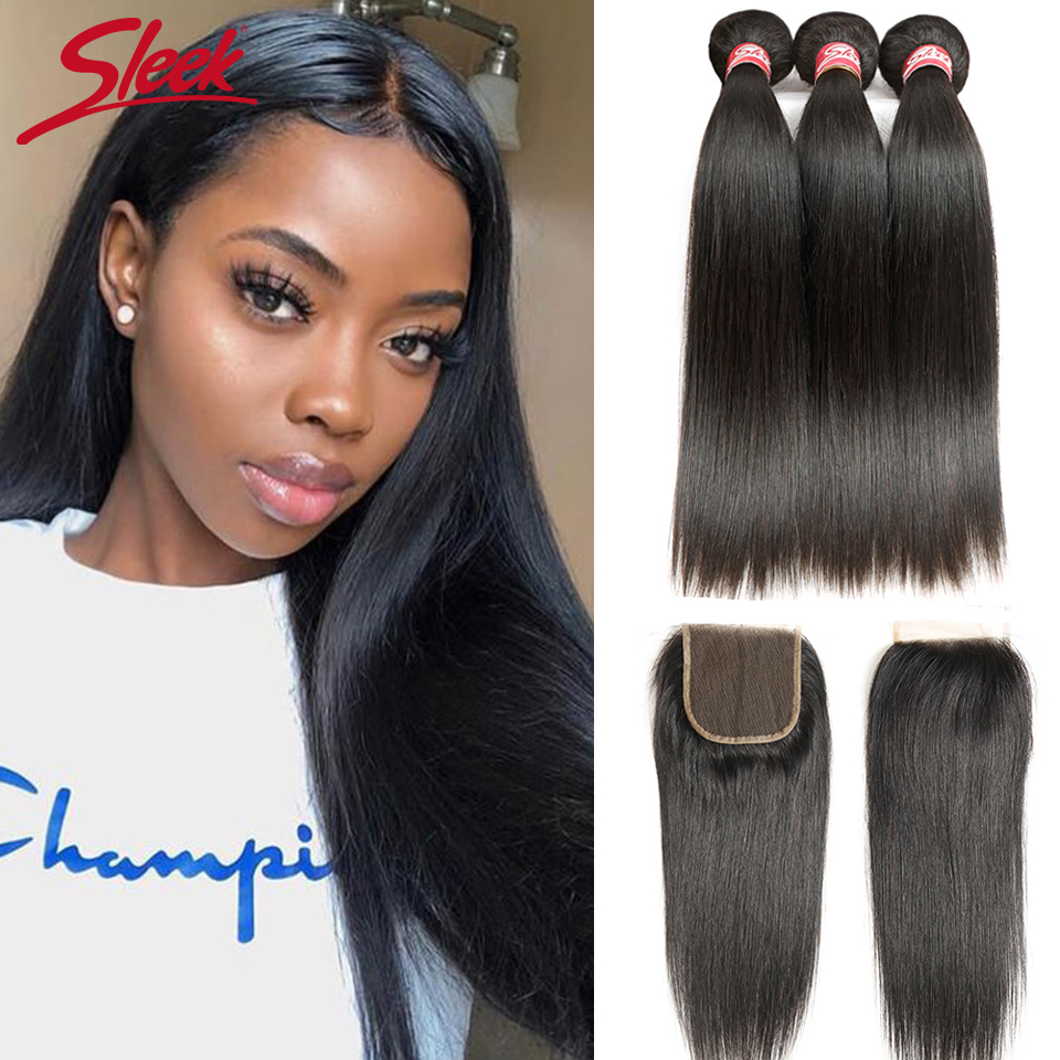 Sleek Brazilian Straight Hair Bundles With Closure Natural Color Hair Weave 30 Inch Remy Human Hair 3 Bundles With Closure