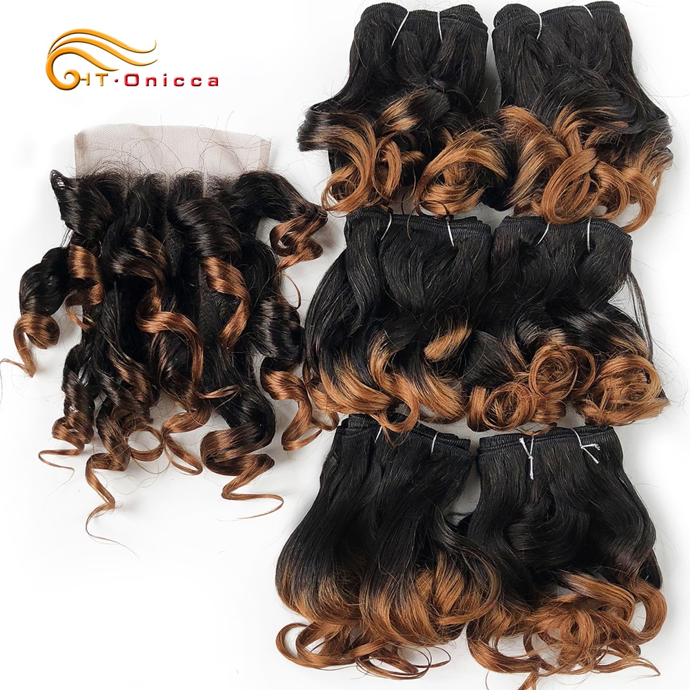 Funmi Hair Bundles With Closure Brazilian Curly Hair Weave Bundles Curly Wave Bundle With 4*4 Closure 1B 27 #4 30 99J Ombre Hair
