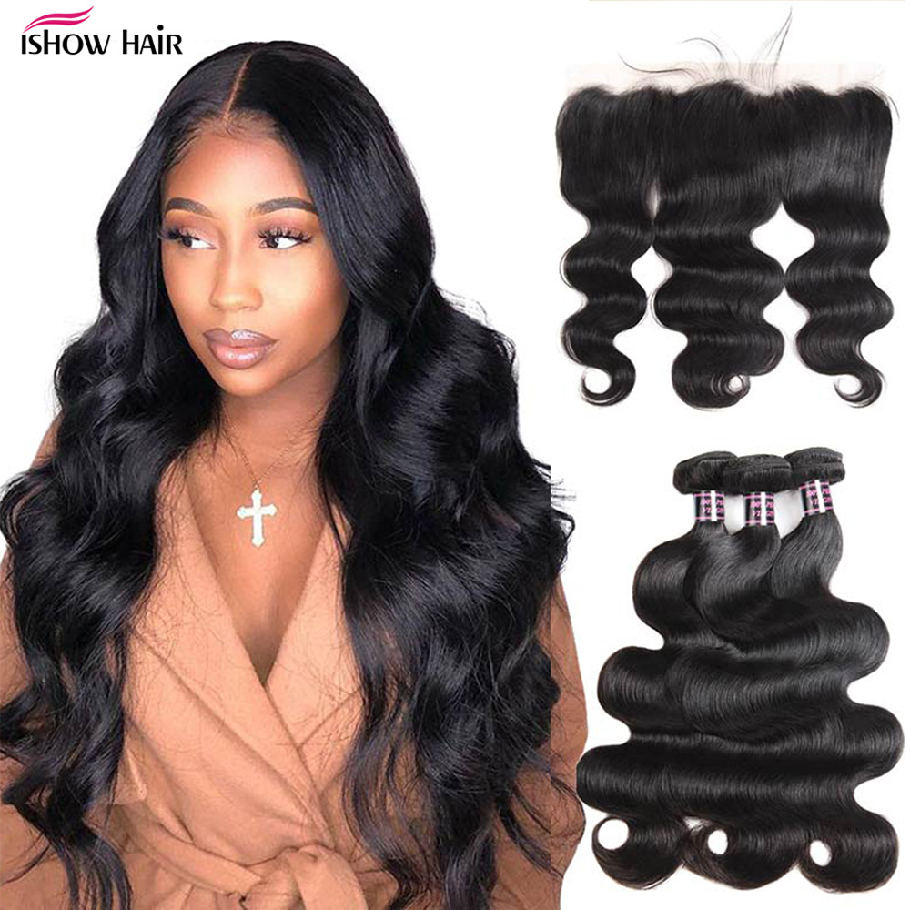 Ishow Body Wave Bundles with Frontal HD Lace Frontal and Bundles Cheap Human Hair Bundles with Frontal 3 Bundles with Closure
