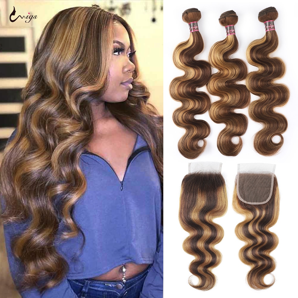 Uwigs Highlight Body Wave Bundles With Closure Colored Human Hair Bundles With Closure Ombre Honey Blonde Bundles With Closure
