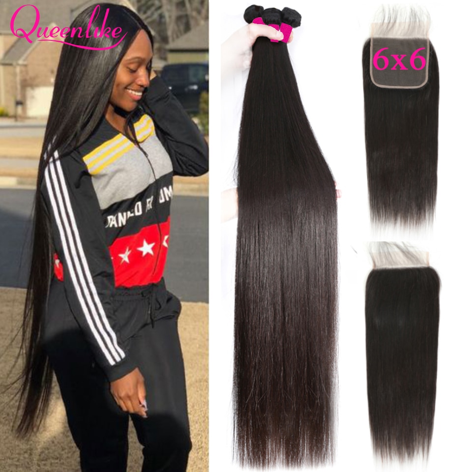 Queenlike 6*6 Lace Closure And Human Hair Bundles With 6x6 Closure Brazilian Hair Weave Bundles Straight 3 Bundles With Closure