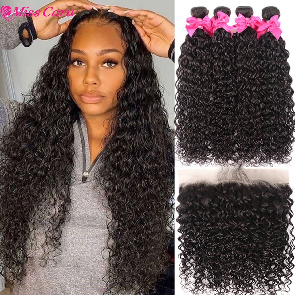 Transparent Lace Frontal With Bundles Peruvian Water Wave Bundles With Frontal  Miss Cara 100% Remy Human Hair With Closure