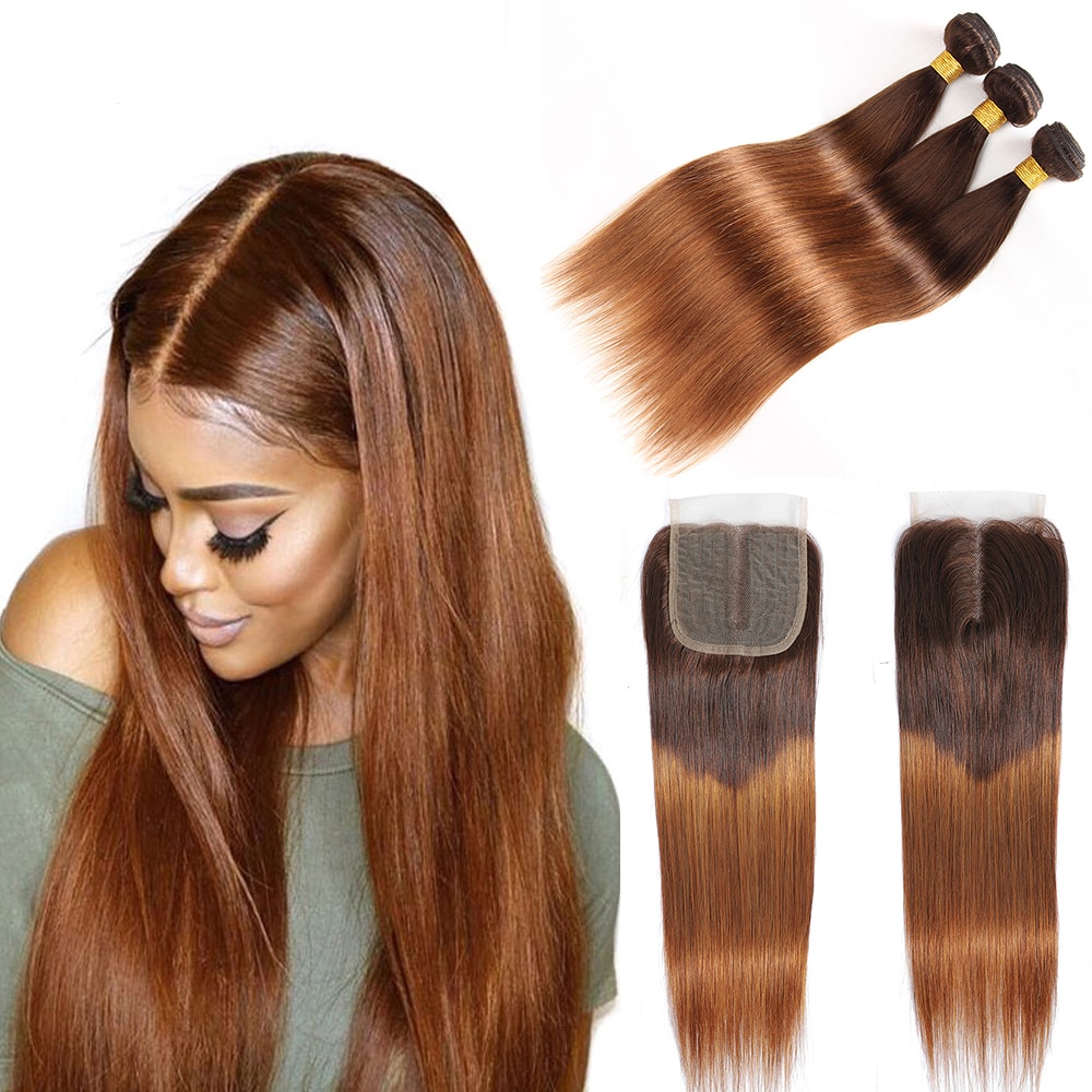 Ombre 3/4 Bundles Bundles With Closure Brazilian Straight Human Hair Bundles With T Lace Closure 4/30 Remy Hair Weave Extensions