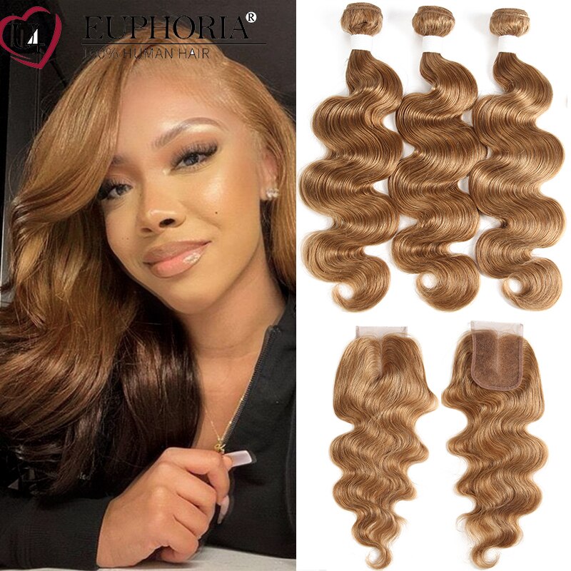 Body Wave Bundles With Lace Closure 4x4 Blonde 27 Red Burg Hair Brazilian Remy Human Hair 3 Bundles With Lace Closure Euphoria