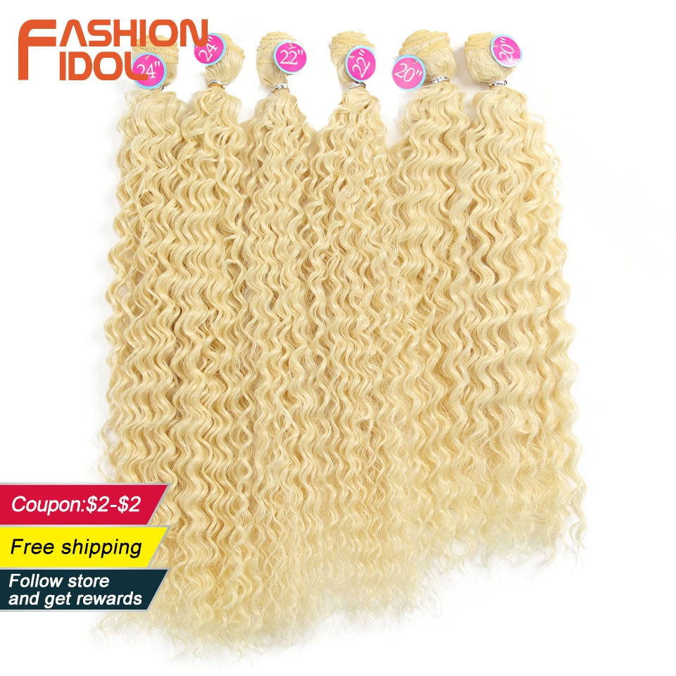 FASHION IDOL Afro Kinky Curly Hair Weave Bundles 613 Blonde Color Synthetic Hair Extensions Nature Color 6 PC 20 22 24 inch Hair