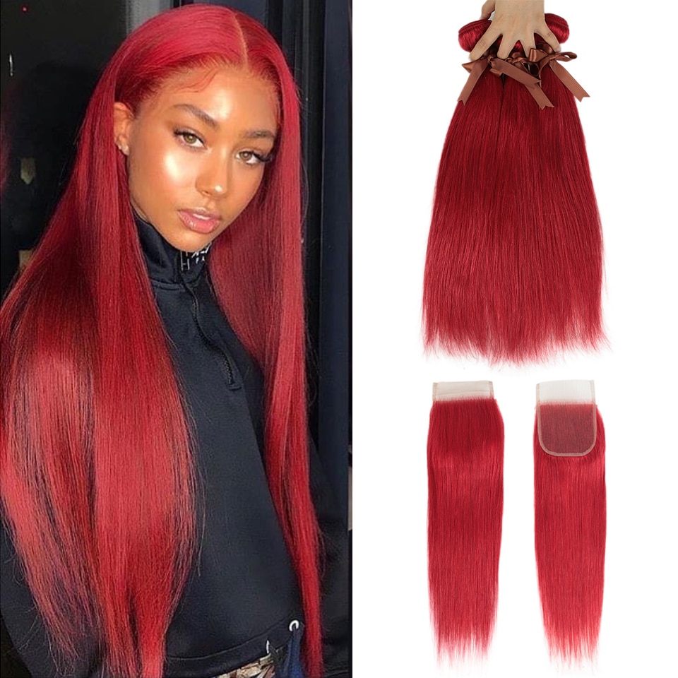 Black Pearl Red  Bundles With Closure Brazilian Remy Straight Human Hair Orange  Bundles With Closure Free Shipping