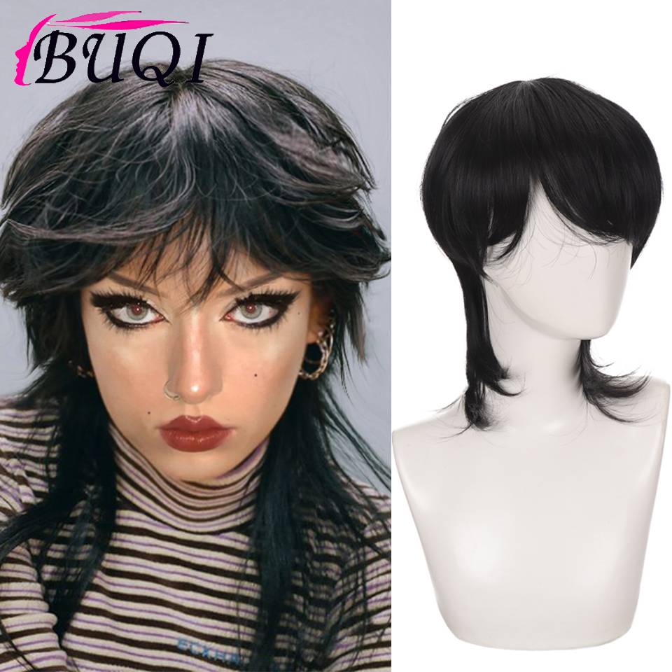 BUQI Short Synthetic Black Wig with Bangs and Tail High Temperature Fiber Golden Cosplay Anime Wigs for Women Men HAIR WIGS FOR MEN Synthetic Cosplay Wigs Color: Natural Black 