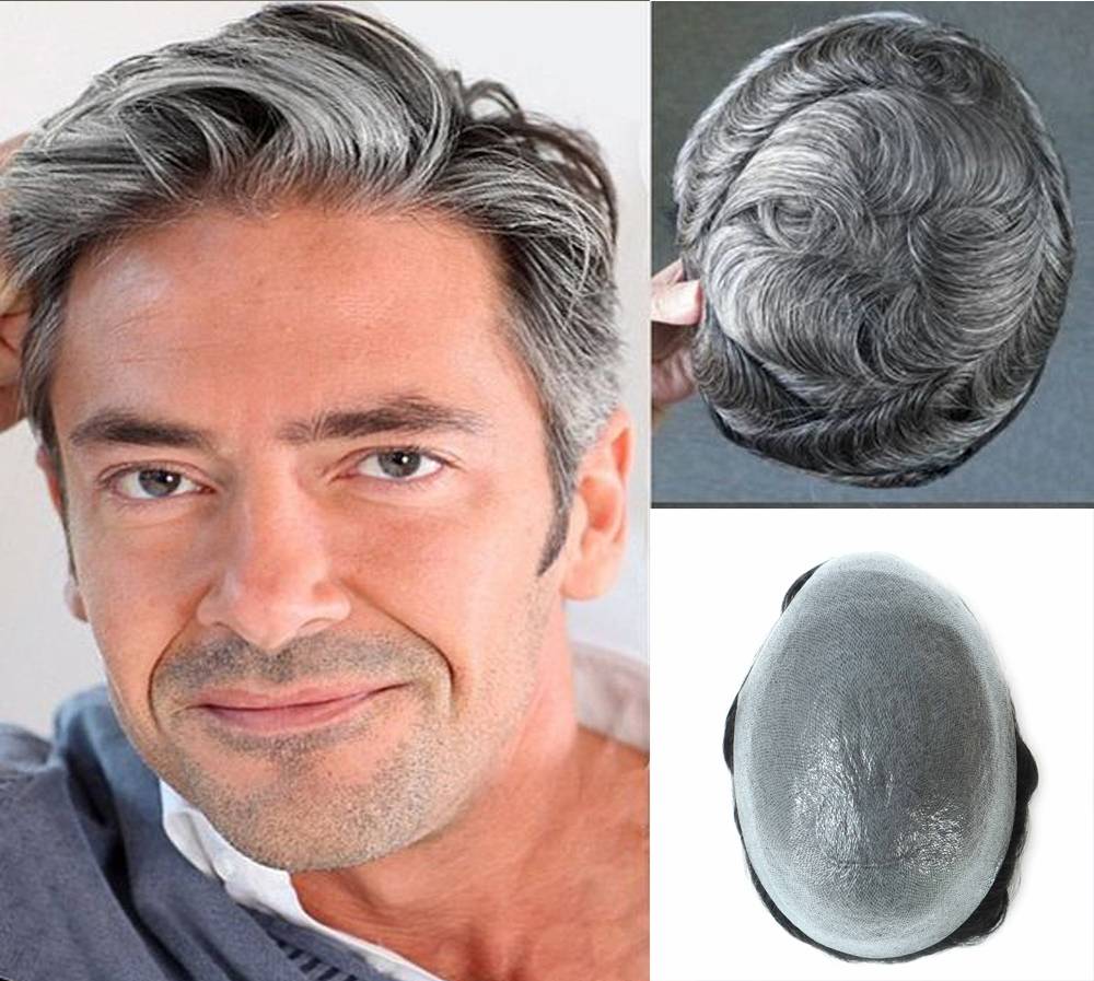 BYMC Full Pu Mens 100% Grey Human Hair Toupee For Men Hairpiece Remy Indian Hair Mens Wig Replacements Soft Natural Looking HAIR WIGS FOR MEN Toupees Toupee Size : 6x8|8x10 
