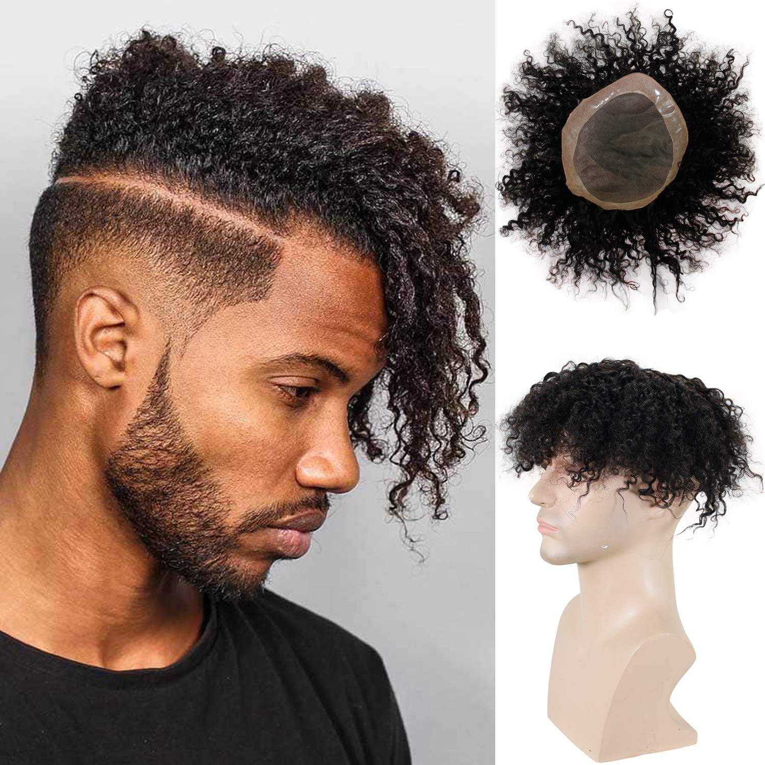 Kinky Curly Men's Toupee for Black Man 100%Human Hair Mono Lace Replacement African American Wig 10x8inch 1B black Remy Hair HAIR WIGS FOR MEN Toupees Ships From : China 