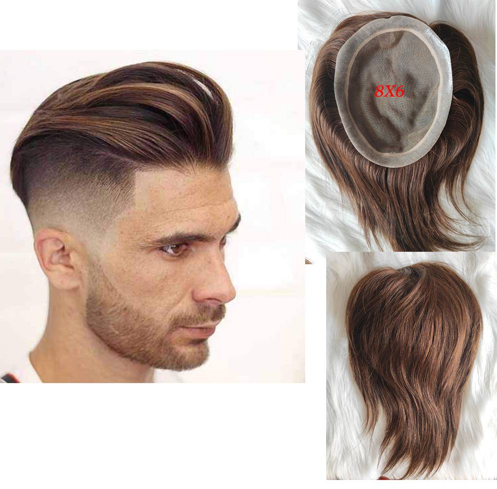 Mono Lace European Human Hair Men Toupee Hairpiece Poly Skin Around Hair System Durable NPU Wig Toupee 6X8 Light Brown Color HAIR WIGS FOR MEN Toupees Toupee Size : 6x8 