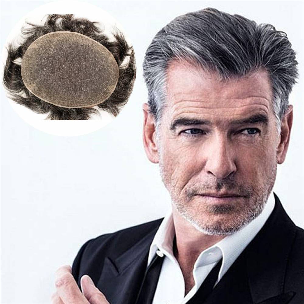 Swiss Full Lace Men's oupee 1B Black Color Real Human Hair Mixed 20% Grey Synthetic Hair Replacement for Men Hairpiece 10X8 HAIR WIGS FOR MEN Toupees Toupee Size : 8x10 